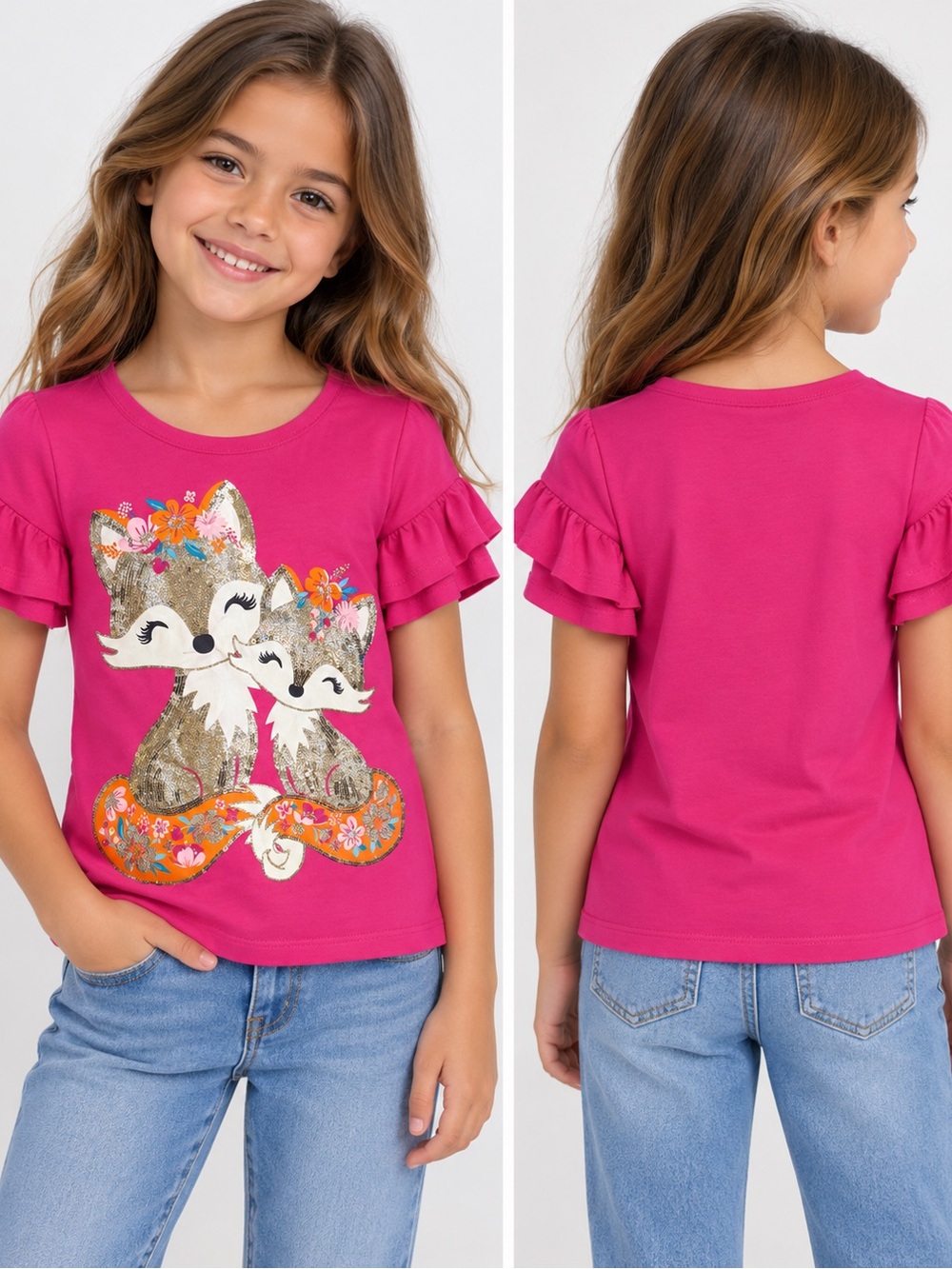 Isaac Mizrahi Girls Pink Fox Sequin Ruffle Sleeve Top Size 7/8